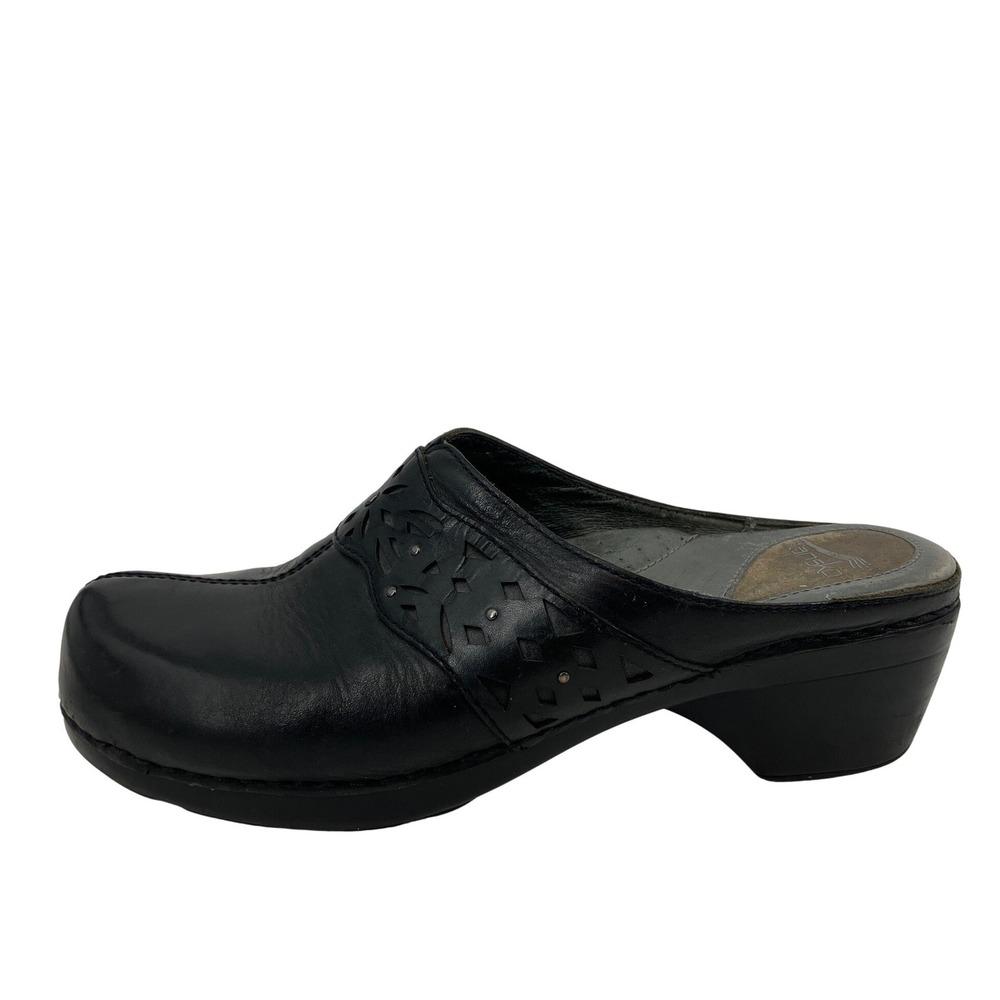 Dansko Hailey Clogs Mule Women 41 Black Leather Laser Cut Studded Block Heel